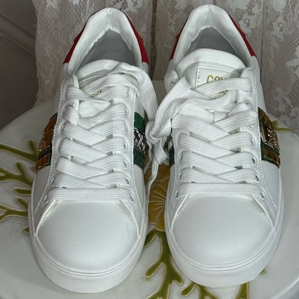 Roberto Cavalli Snake Embossed Pyramid Stud Tennis Shoe
